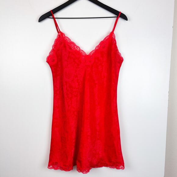 Vintage Victoria’s Secret Size S Lace Trim Slip Dress Bright Red Satin - Picture 1 of 10